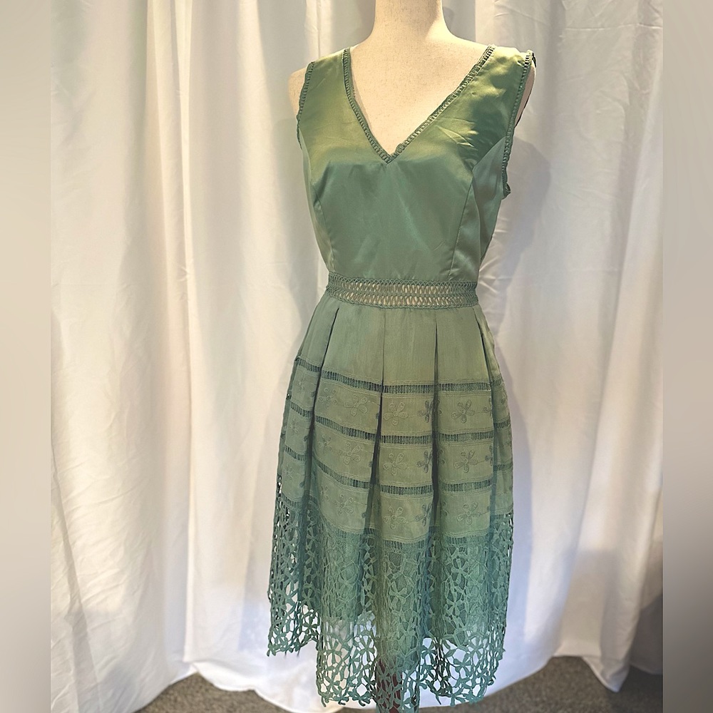 Light Blue with greenish tint, lace detail sleeveless dress